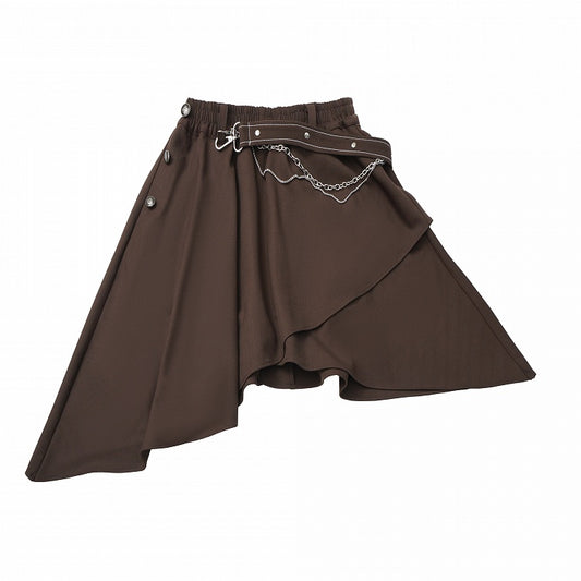 Asymmetrical Handkerchief Hem Brown Skirt with Waist Chain and Strap Accents