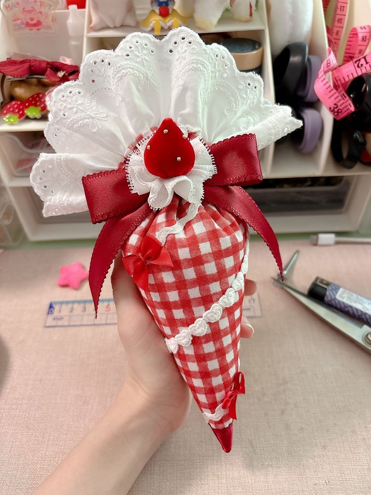 Red Plaid Pastry Piping Bag–Shaped Lolita Bag with Lace Ruffles and Strawberry