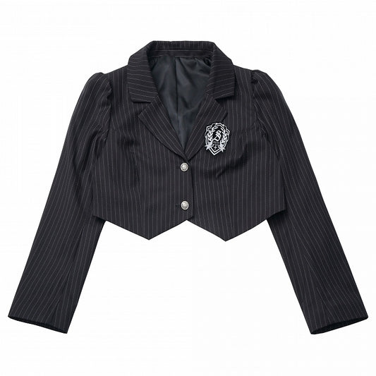 Black Striped Cropped Blazer with Preppy Badge & Subtle Silver Accents