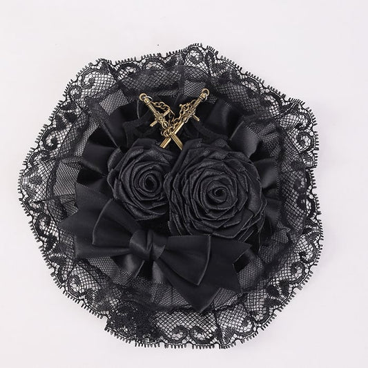 Swords Decorated Gothic Black Rosettes Bowknot Lace Hairclip