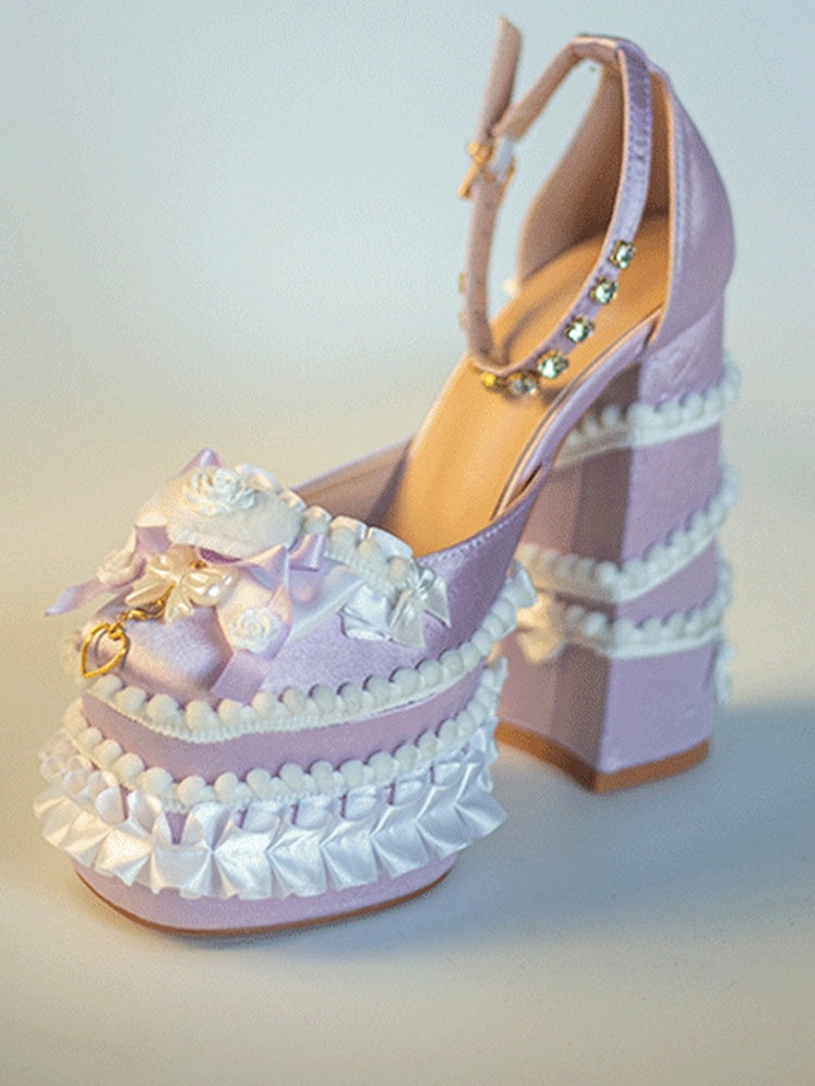 Purple & White Sweetheart and Bowknot Sweet Lolita High Block Heel Platforms