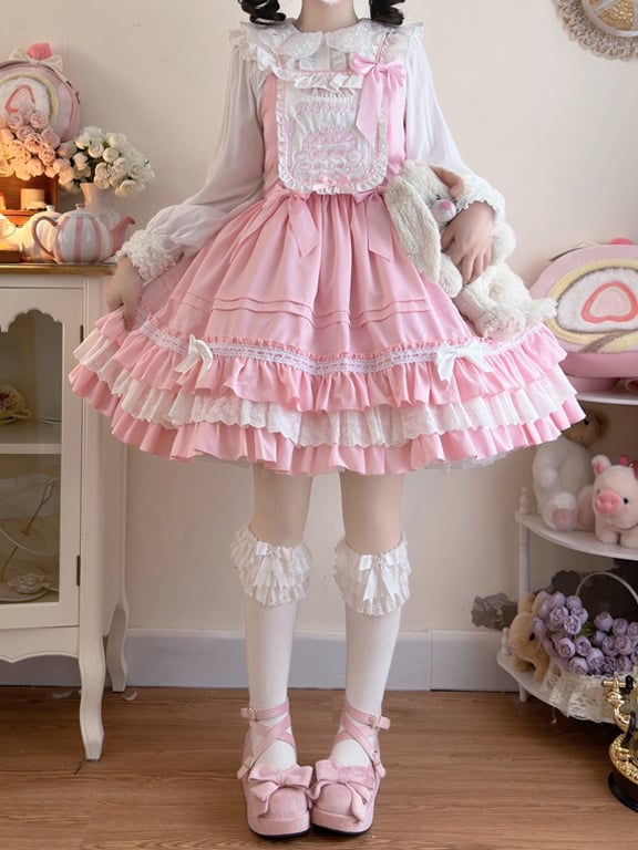Teddy and Cake Embroidery Bodice Pink Sweet Lolita Dress
