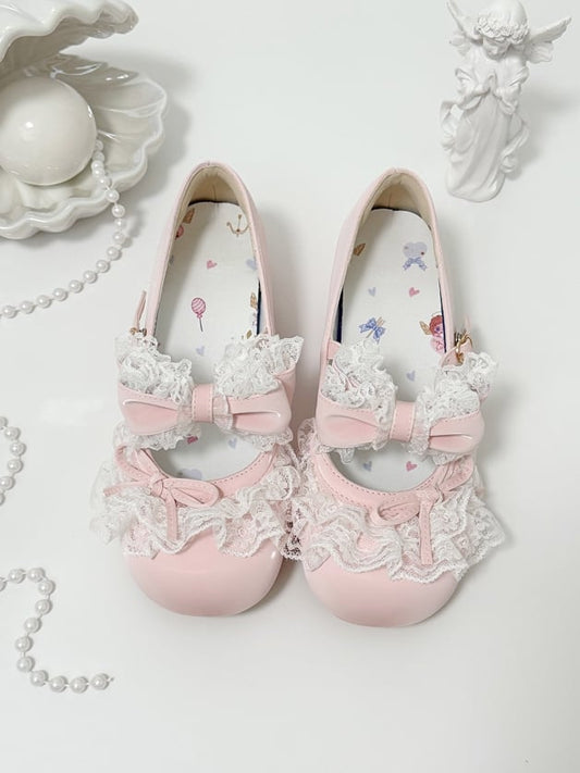 Pink Bowknot Details Lace Trim Round Toe Lolita Shoes