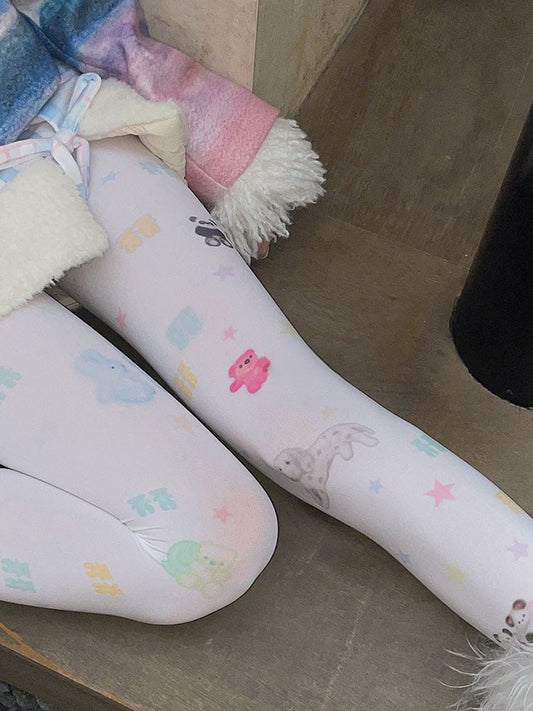 Sweet White Tights With Multi-Color Bear Print