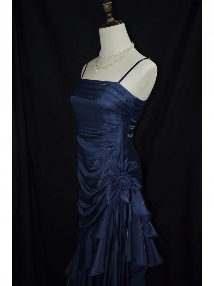 Dark Blue Vintage Floral Elegant Dress Asymmetrical Hem Prom Gown