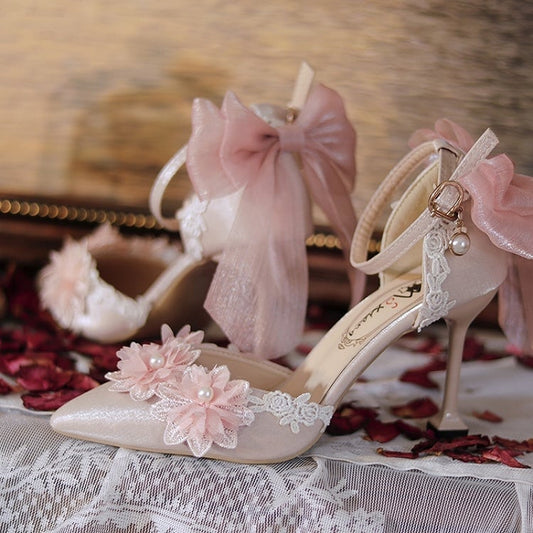 Pink Floral and Bowknot Pointed Toe Hime Lolita High Heels