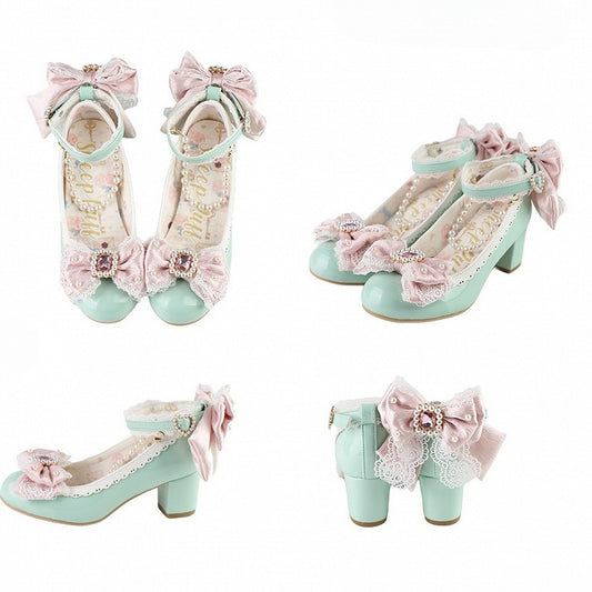 Green&Pink Beaded And Rhinestone Decorated Bow at Top Lace Trim Mary Janes With Detachable Beaded Chain