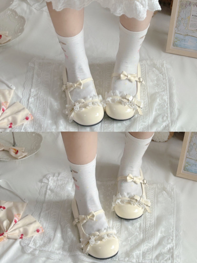 Yellow Sweet Lolita Flat Mary Janes in PU Leather with Bow Accents & Ruffled Lace