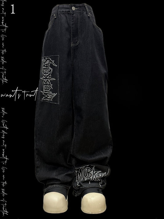 Dark Blue Letter Applique Straight-leg Cut Jeans