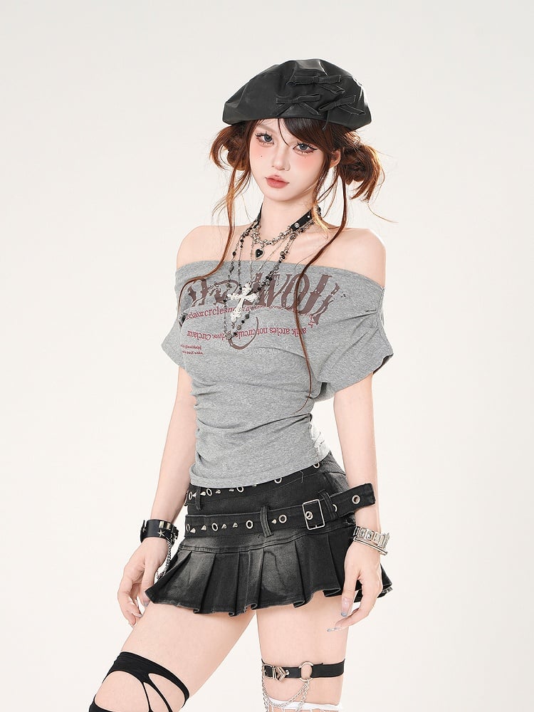 Off-the-shoulder Neckline Letter Print Gray/Navy Blue Slim-fitting T-shirt