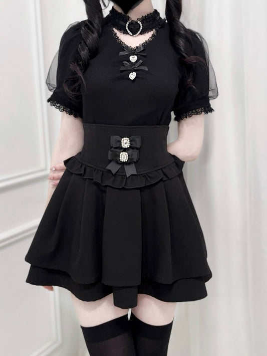 Black Jirai Kei Corset Waist Double-Layered Skirt with Detachable Bowknots