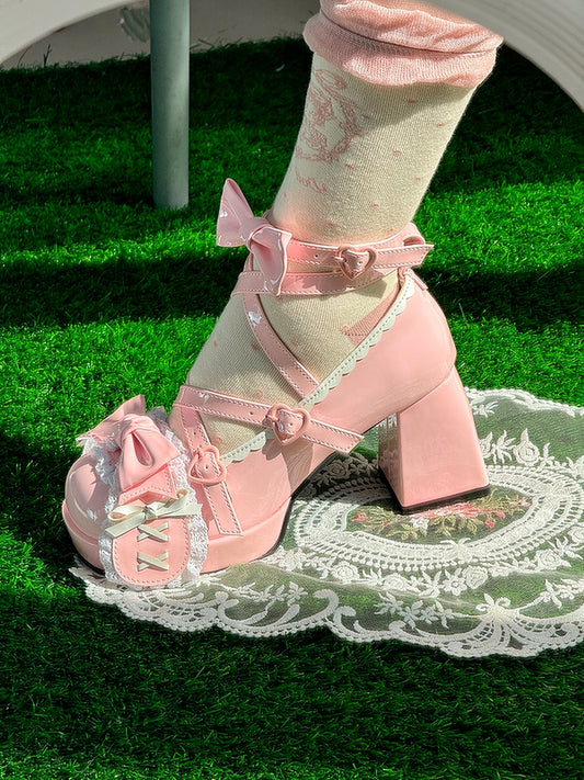 Pink Crisscross Design Bunny Ear Bowknot Sweet Lolita 8CM High Block Heels
