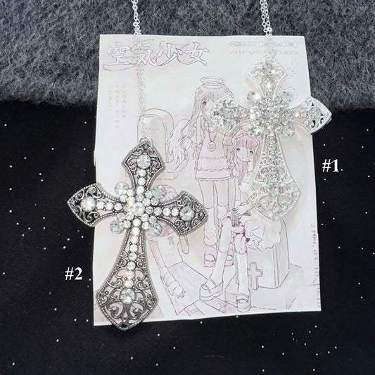 Silver/Ancient Silver Rhinestone Embellished Cross Necklace