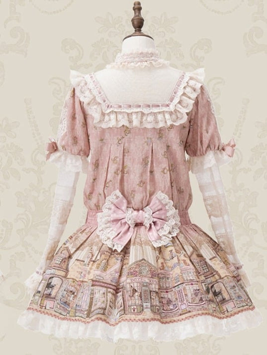 Pink Ruffle Neckline Sweet Lolita Dress with Fairytale Town Print and Lace Trim