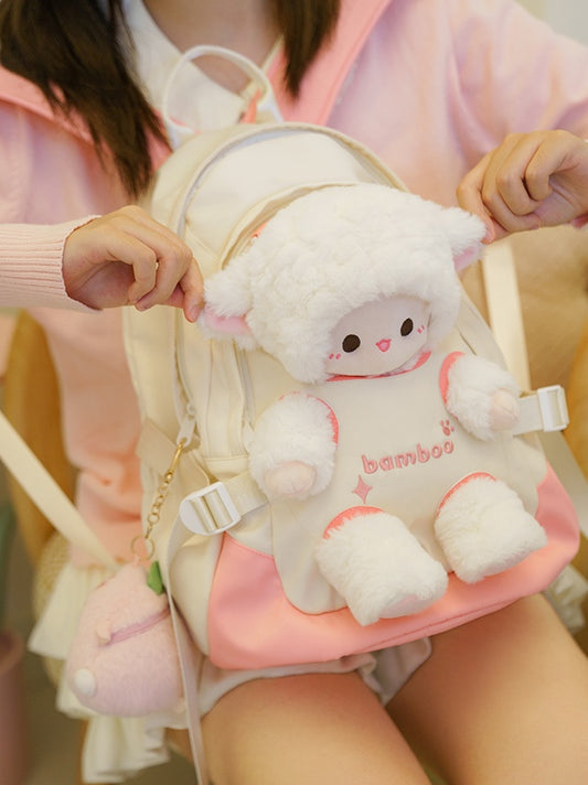 White And Pink Plush Backpack With A Detachable Lamb Plushie