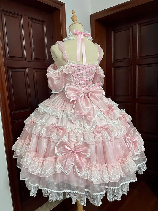 Sweet Pink Bow Accents and Bead Details Princess Lolita Dress with Big Bow at Back