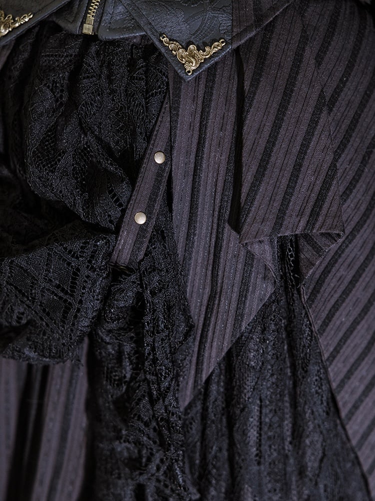 Gothic Black Lace Overlay Striped Skirt And Handkerchief Hem Train Set