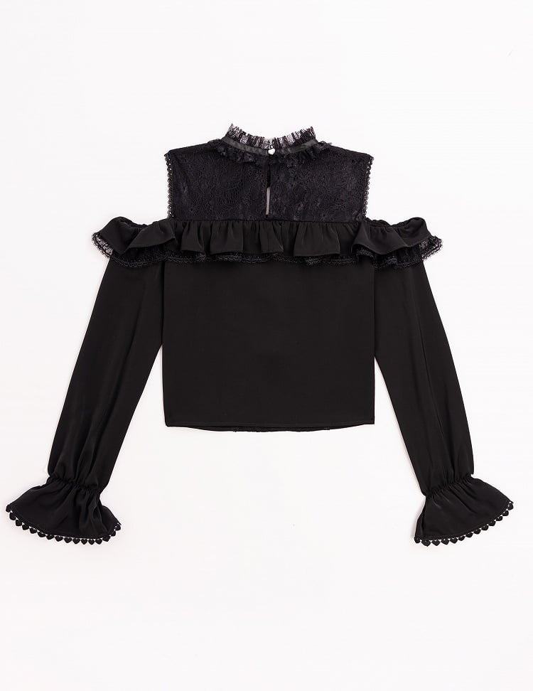 Jirai Kei Open Shoulders Long Sleeves Black Lace Blouse