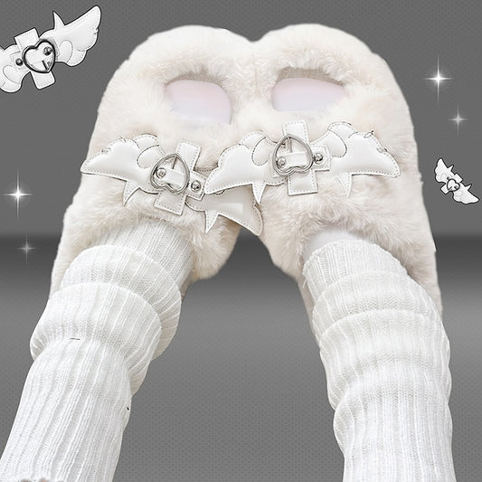 Cross Wings Decorated White Plush Platform Slippers Punk Winter Shoes