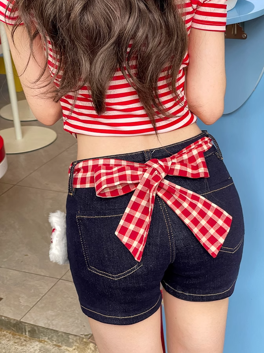 Dark Blue Straight-leg Denim Shorts with Kitty Plushie and Red Plaid Waist Accessory
