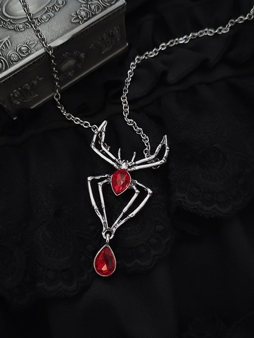 Red Rhinestones Gothic Punk Silver Spider Necklace