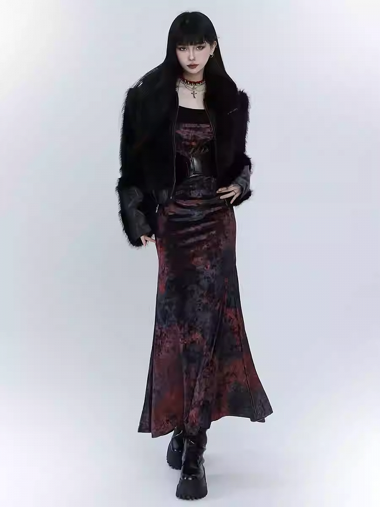 Black & Red Tie Dye Mermaid Skirt Velvet Dress