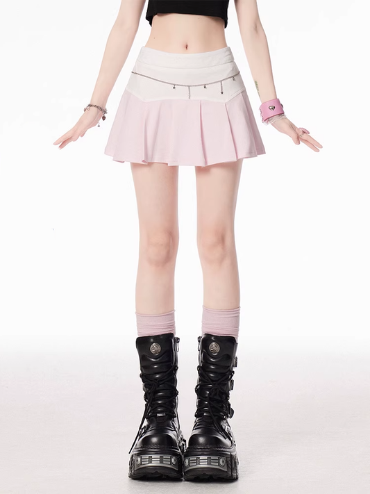 Pink and White Colorblock Design Pleated Skirt
