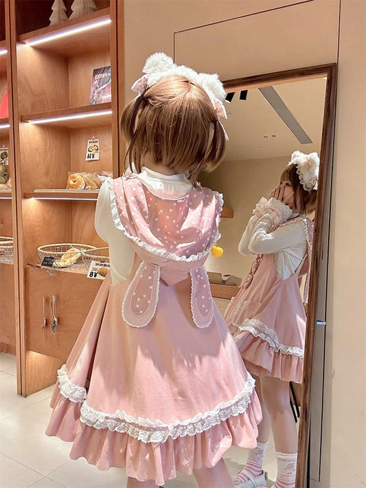 Bunny Ears Design Hood Pink Sweet Lolita Jumper Skirt Polka-dot Bowknot Details on Waist