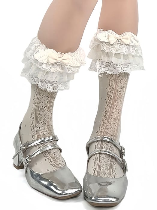Beige Beaded And Wings Decorated Bowknot Lace Trim Lolita Calf Socks