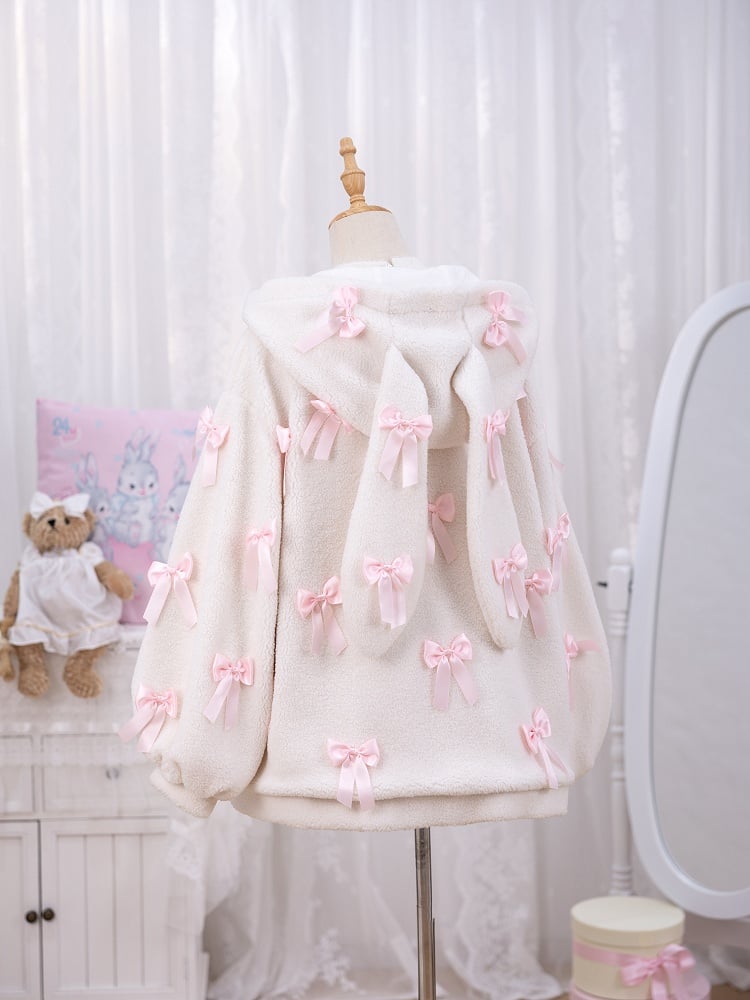 Allover Pink Bows Jirai Kei Bunny Ears Hooded White Fleece Zip Hoodie