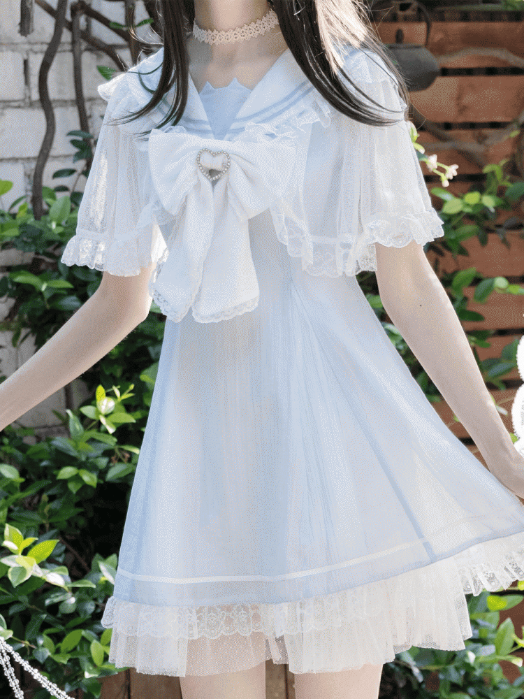 Light Blue Jirai Kei Sailor Collar Lace Cape Design Dress with Bowtie