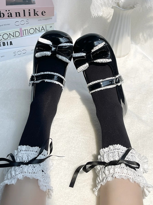 Round Toe Sweet Black Low-heel Shoes - Ruffles Trim, Heart Buckle & Bow at Top