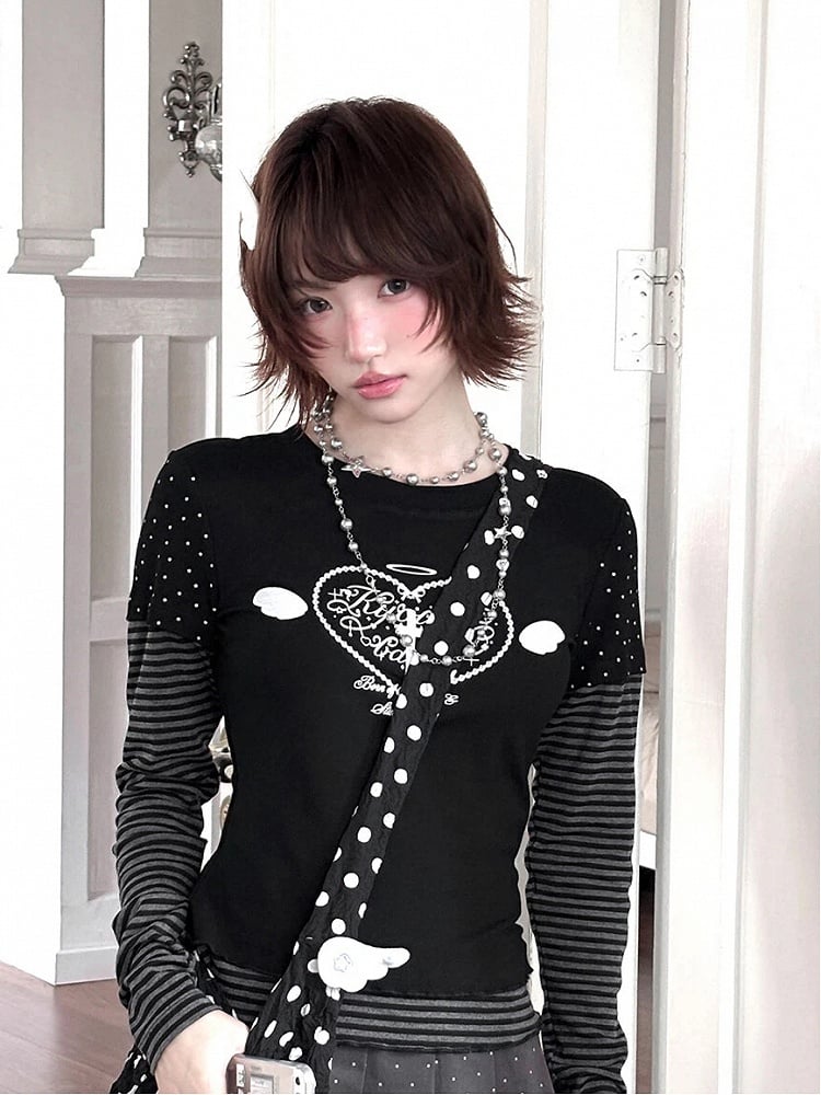 Black & Gray Striped Top with Heart & Corss Print Faux Two-pieces