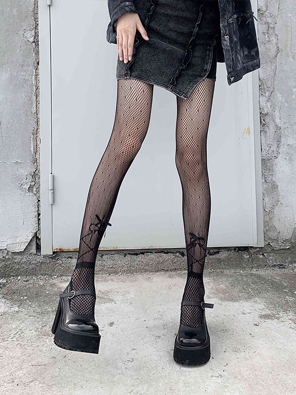 Bowknot Details Black/White Punk Fishnet Tights