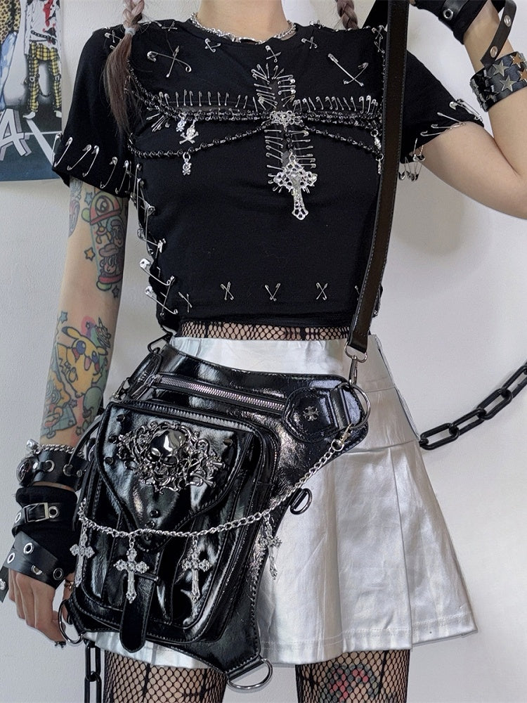 Black Y2K Cross Charm Skeleton Decorated Crossbody Bag