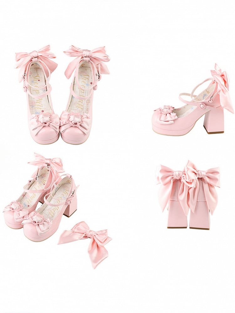 Polished Pink Bow at Top Platform High Block Heels