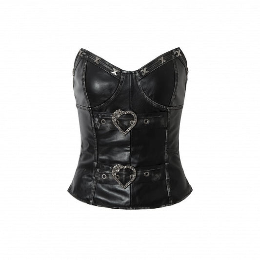Black PU Bustier Top with Heart-Shaped Buckle Design