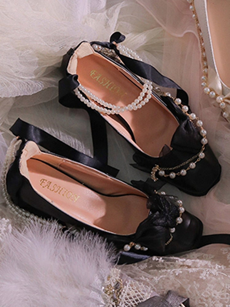 Black Bowknot and Butterfly Applique Square Toe Lolita Block Heels