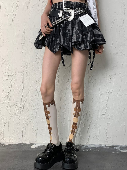 White&Brown Y2K Bittersweet Cookie And Bowknot Print Underknee Stockings
