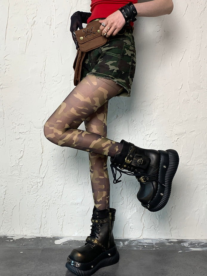 Green Gyaru Fashion Camo Pattern Tights
