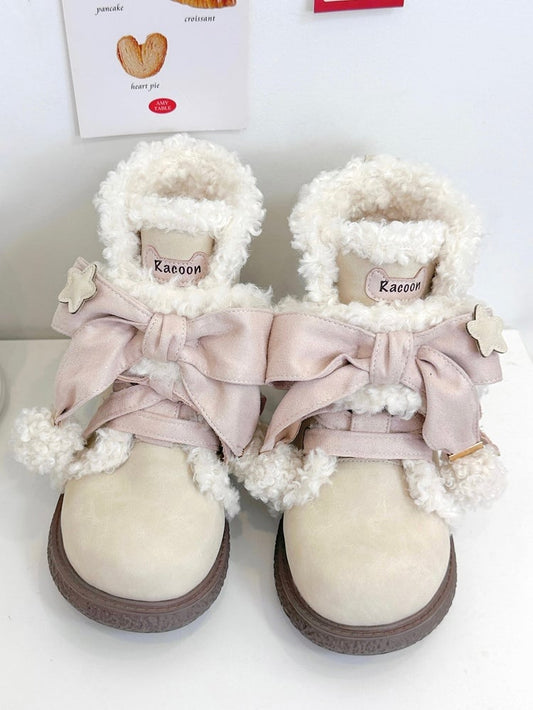 Plush Lining with Pink Bow Decor & Classic Lacing Beige Boots in Sweet Lolita
