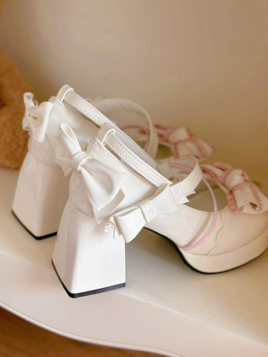White and Pink Bow Accents Sweet High Block Heel Mary Janes Ankle Strap