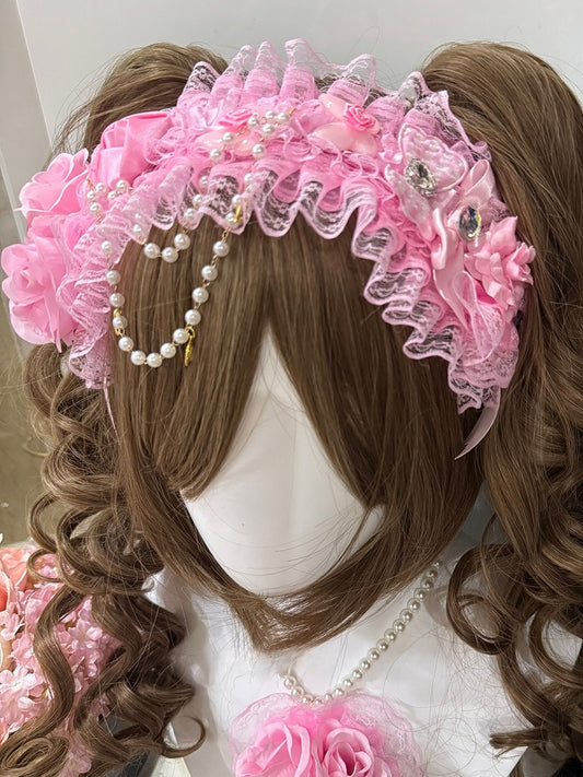 Pink Beaded And Heart Charm Floral Design Ruffled Hairband