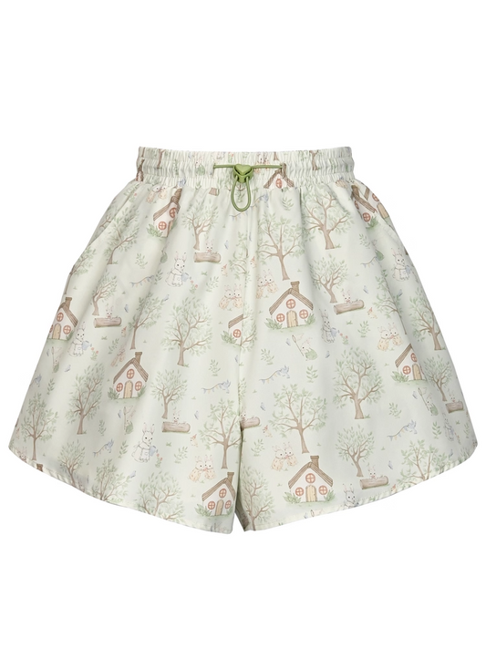 Adorable Bunny Print Green Drawstring Waist Wide-leg Shorts