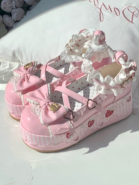 Platform Pink Mary Janes in PU - Berry Details, Lace Trim & Heart Buckles