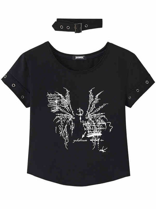 Black Wings Print Cotton Cropped T-shirt with Choker