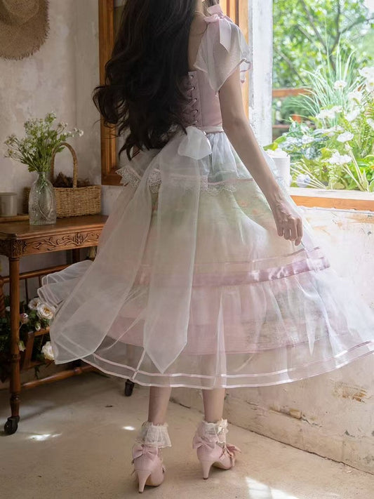 Oil Painting Water Lily Print Light Pink Square Neckline and Flutter Sleeves One Piece