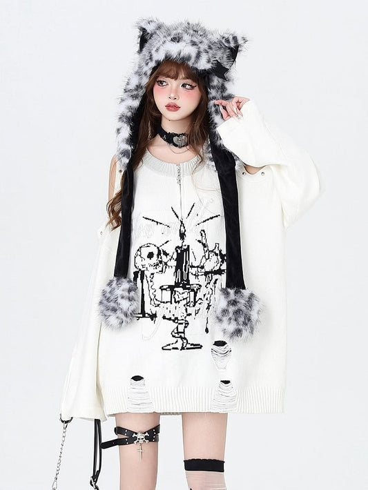 White Punk Cutout Shoulder Distressed Sweater with Studs