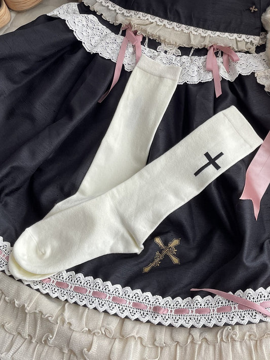White/Black Cross Print Lolita Calf Socks