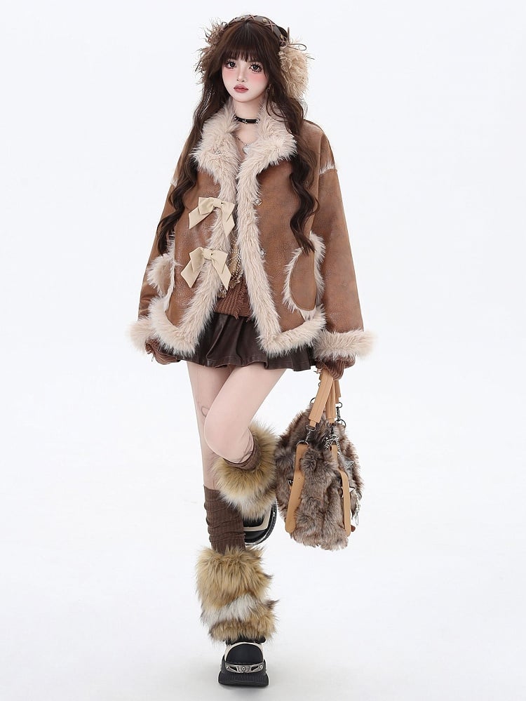 Clearance - Size S for Bust 120CM Brown Bowknot Details Sweet Winter Coat Plush Trim